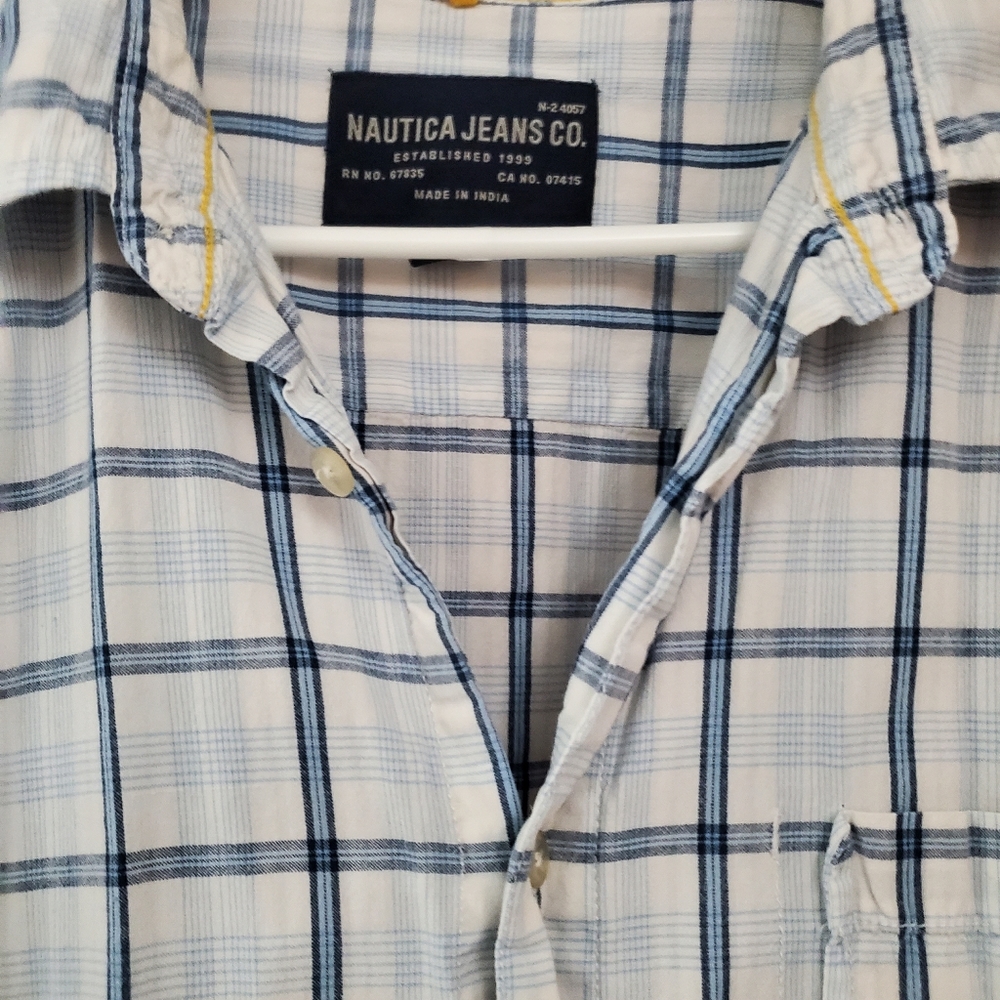 Men's Nautica White/Blue Plaid Short Sleeved Shirt